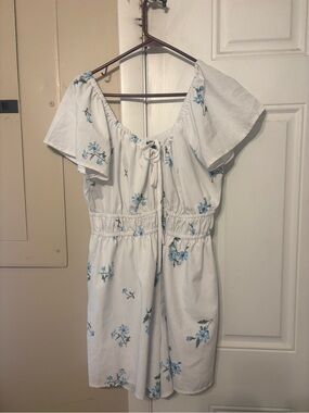 SHEIN White Off-Shoulder Top with Blue Floral Embroidery
